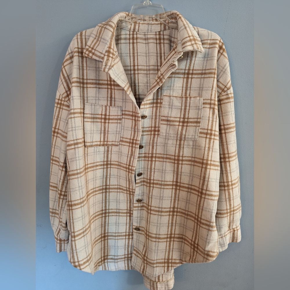 Women's Large Cream, Tan and Gray Flannel Shacket